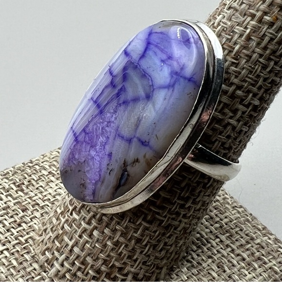 New Purple Enhanced Botswana Agate Dragon Vein Silver Overlay Ring Size 8 - Picture 7 of 9